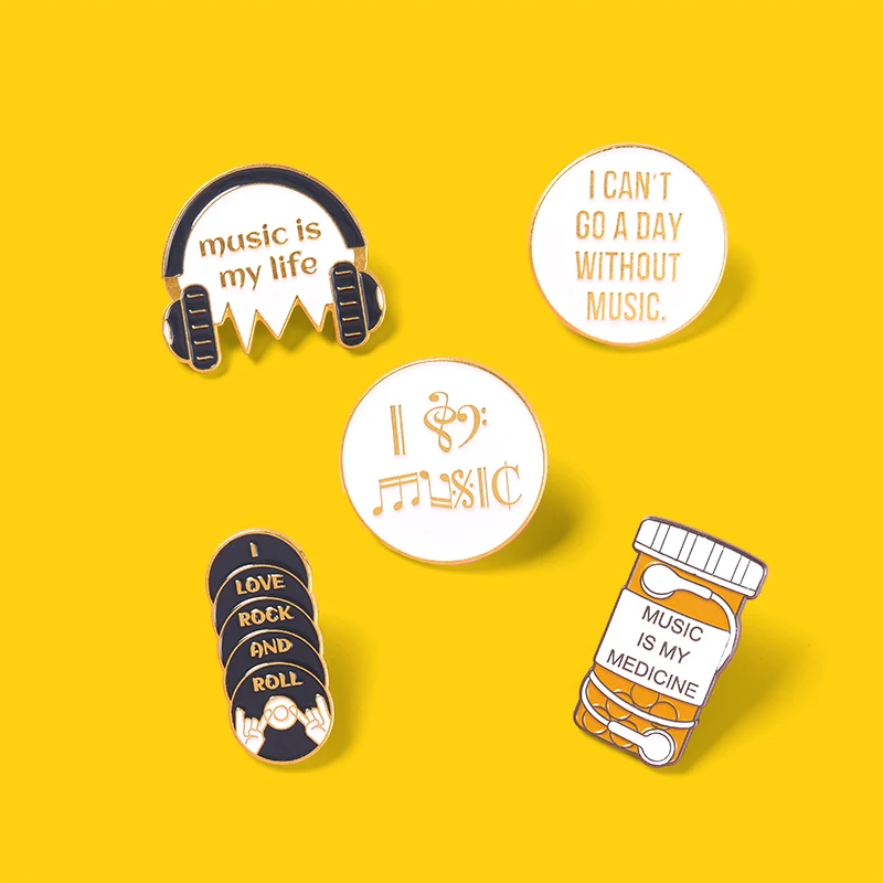 Music Life Enamel Pins Earphone Note CD Rock n Roll Brooches Bag Hat Lapel Pin Badge Jewelry Gift for Music Lover