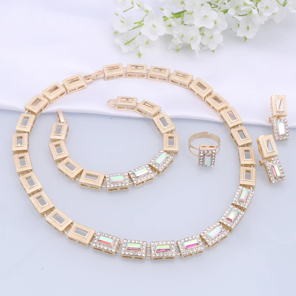 Luxury Dubai Nigeria Gold Color Women Jewelry Set Classic Design AB Color Necklace Earrings Ring Bracelet Party Jewelry