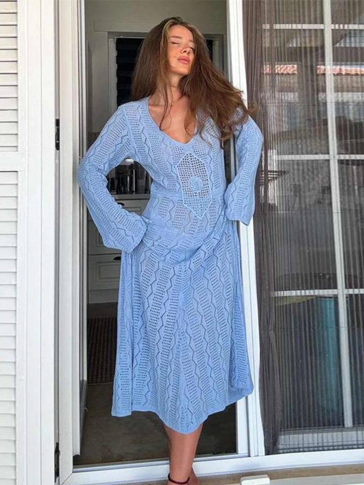 Loose Blue Knitted Long Dresses Women V-neck Long Sleeves Hollow Out See Through Dress 2025 Spring Summer New Beach Holiday Robe