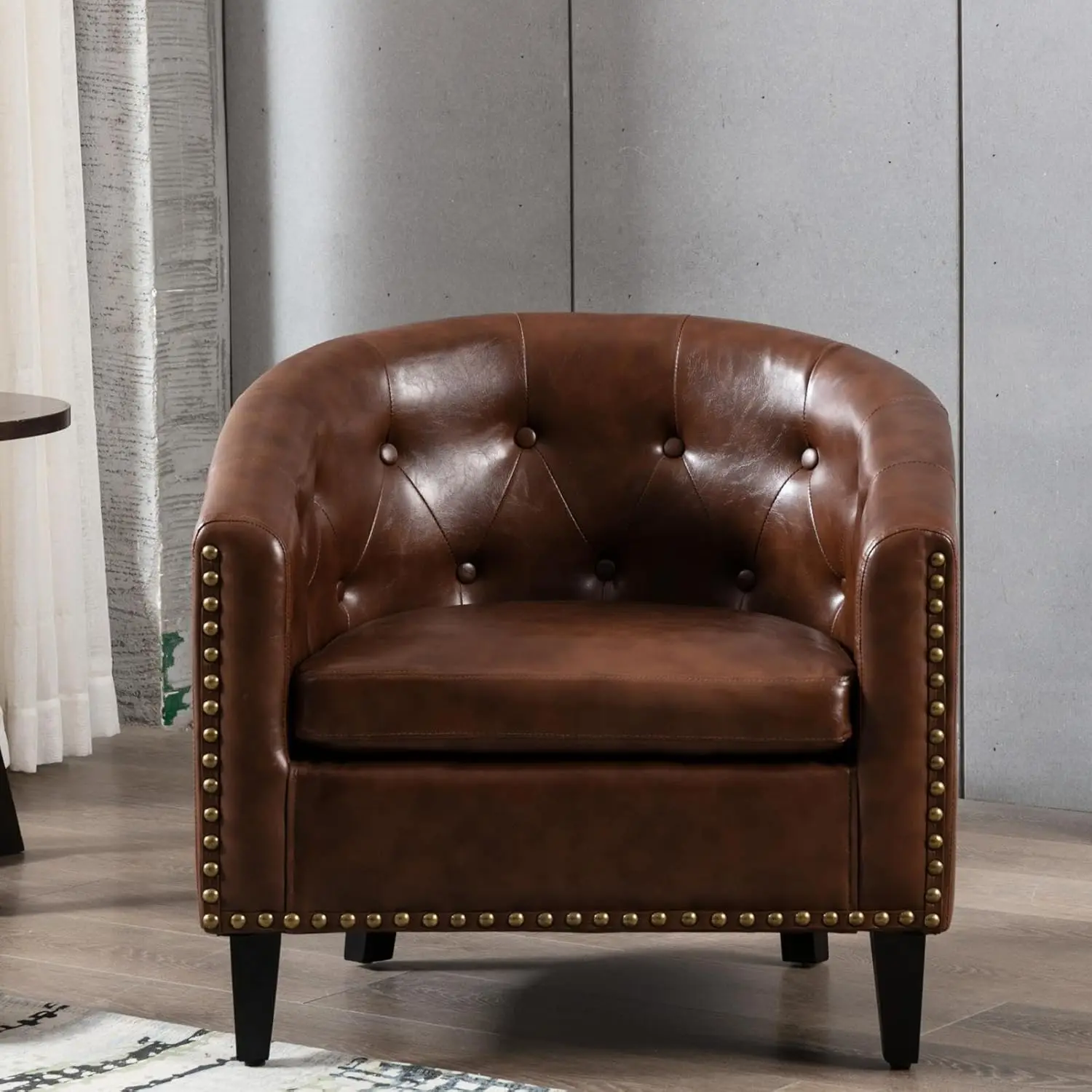 Brown Modern PU Leather Tufted Barrel, Sleek Tub Living Room, Bedroom, Premium Club Chair with Durable Design-Stylish and Comfo