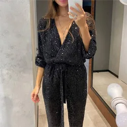 Jumpsuit Women Sexy V Neck Sequins Long Sleeve Casual Belt Overalls Female High Waist Playsuit Elegant Ladies Party Club Romper