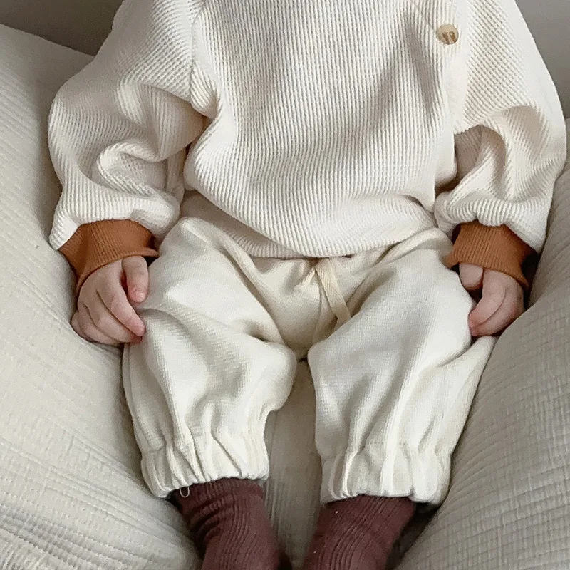 Sweat-shirt en coton gaufré à manches longues pour bébé, pull pour tout-petit, vêtements décontractés pour bébé, vêtements pour garçon, automne,