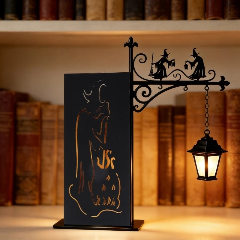 D5BB 2 Piece Halloween Witch Bookend Set, Black Metal Book Dividers with Warm Lantern for Reading Corner Bookshelf Styling,