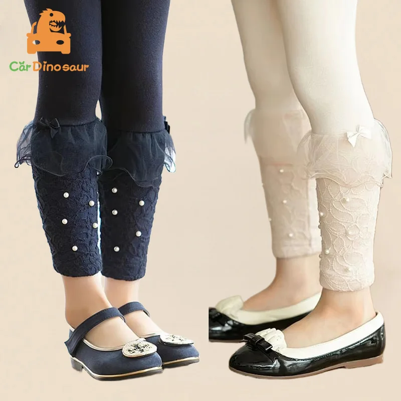 Spring Autumn 2 3 4 6 8 10 Year Children White Dark Blue Beige Long Capri Pears Bow Lace Little Baby Kids Girl Basic Leggings