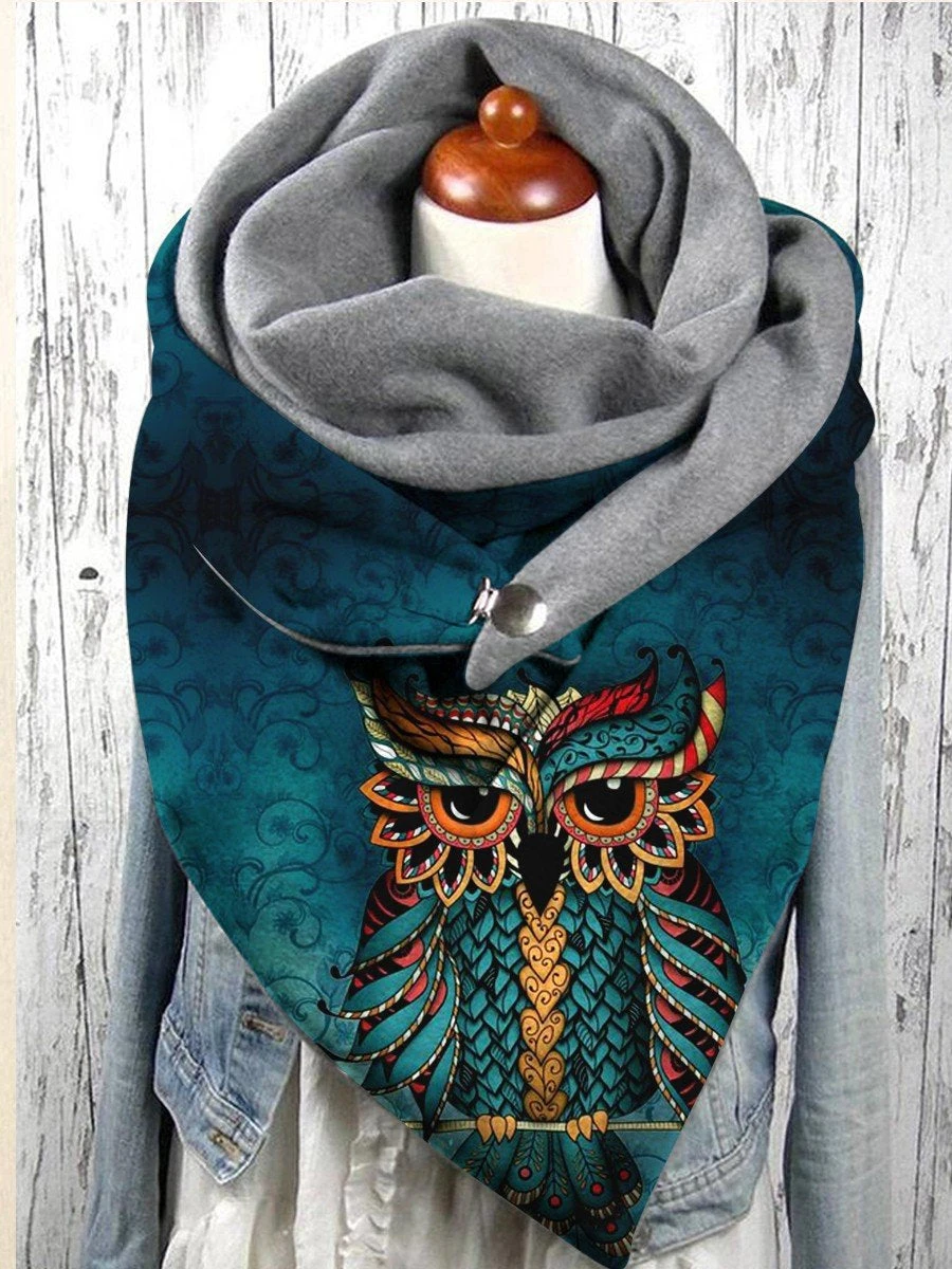 Retro Owl 3D Print Warm Fleece Casual Scarf And Shawl for Women