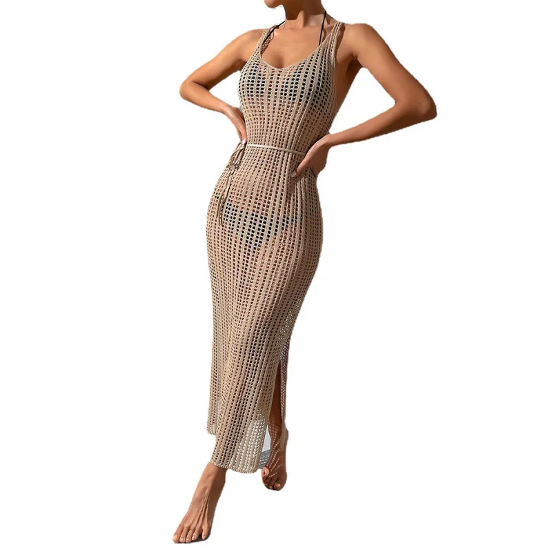 Vestido holgado de punto con espalda descubierta para mujer, vestido ahuecado transparente para playa, vacaciones de viento, 3312