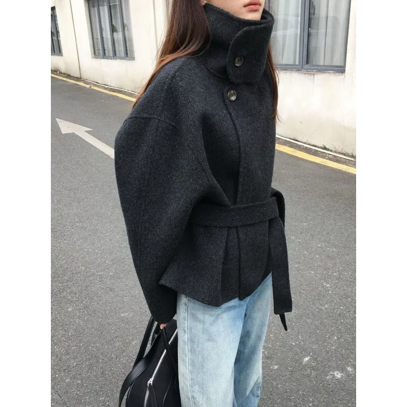 Korean Version Loose Stand-up Collar Woolen Coat Women's Short Loose Strap-up High-end Australian Hair Double-sided Woolen Coat