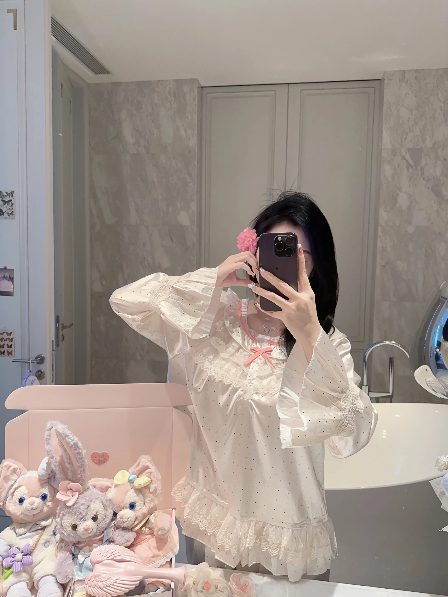 Spring Autumn New Sweet Japanese Polka Dot Printing Cute Girl Ice Silk Pajamas Skin-friendly Cool Casual Lace Outdoor Loungewear