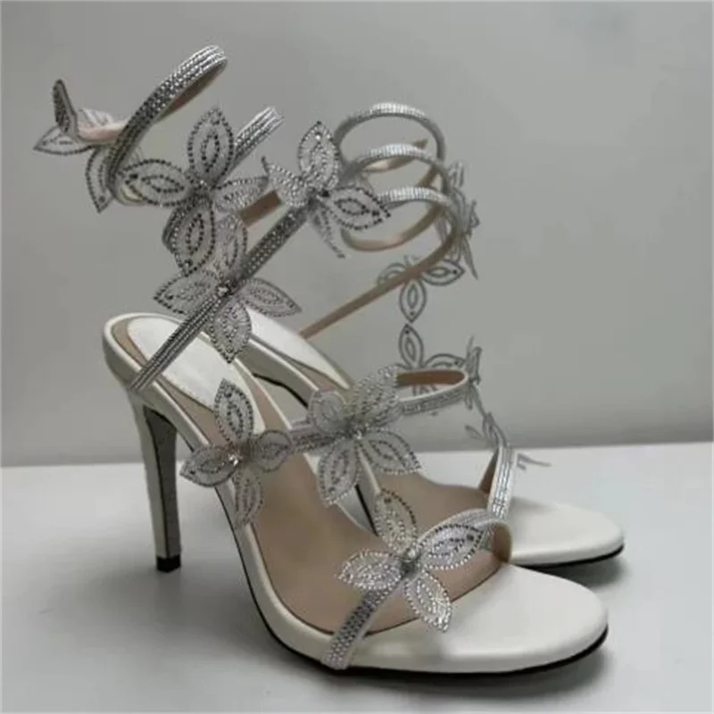 Flowers Decoration Shoes For Lady Round Toes Womens High Heels Snake-shaped Female Sandals Belts Chassure Femme Crystal Zapatos