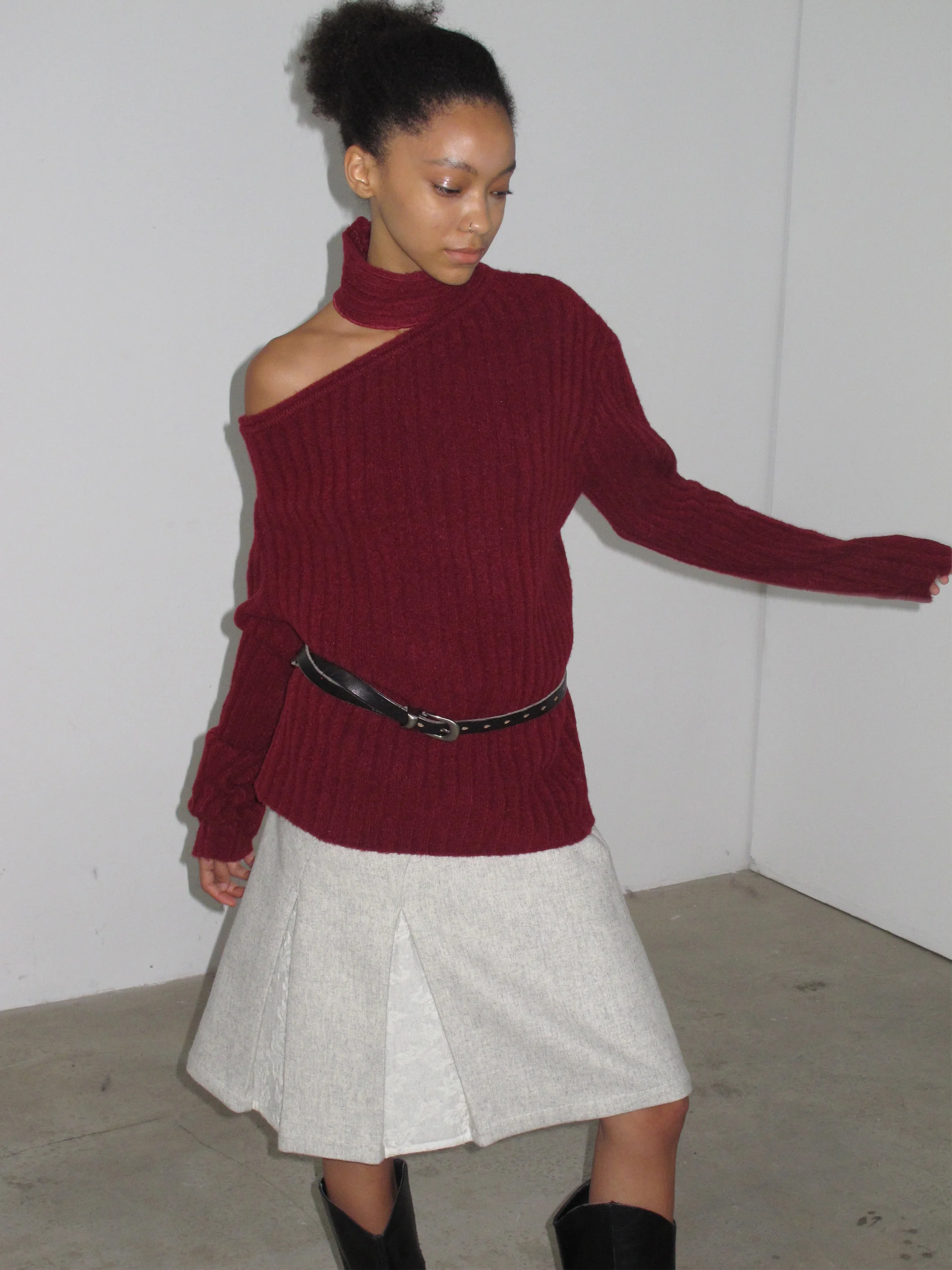 

Вязаный шерстяной свитер Mito De Cherry Red с шарфом, утолщенный, свободного кроя, винтажный, для повседневной носки, зимний