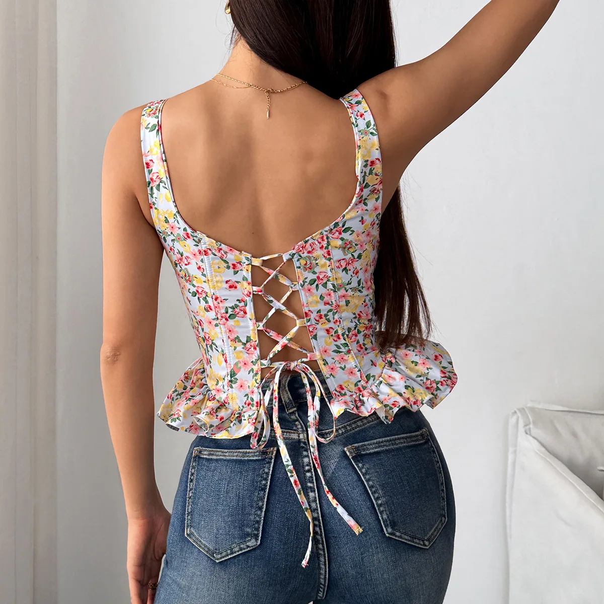 Ruffled Hem Printed Corset Lace Up Shaper Tops Women Slim Bones Camisole Sexy Backless Tank Top Summer Fashion Skinny Tunic Vest