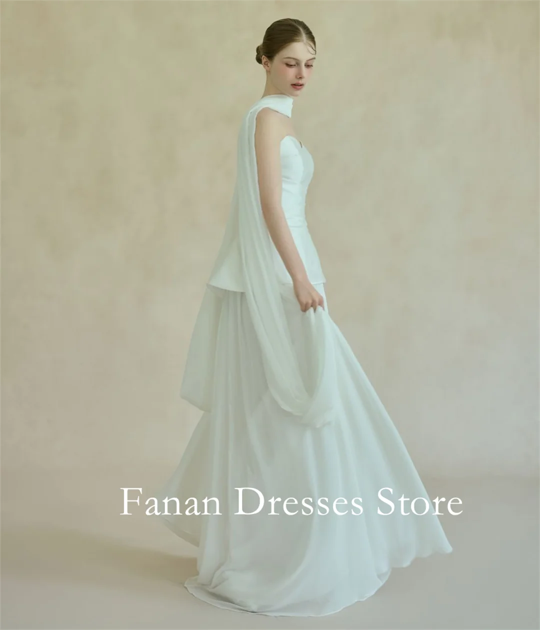 فساتين زفاف أنيقة مكشكشة على شكل قلب من FANAN على شكل حرف a بدون أكمام ورباط من الشيفون الساتان فساتين زفاف بسيطة  ওয়েডিংডেস আইভরি কিউ