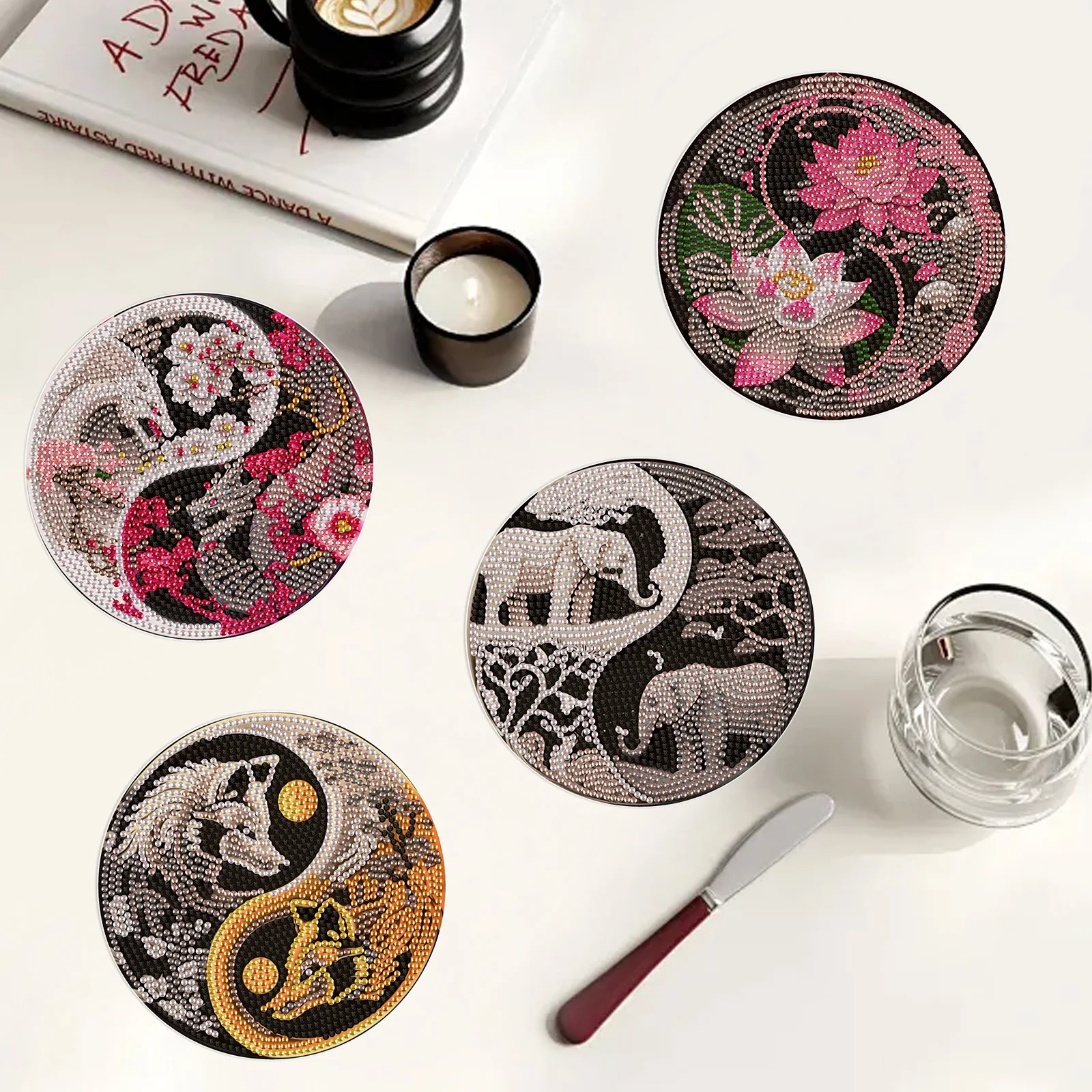 

4pcs MINISO crystal diamond placemat 5D DIY heat-resistant and anti slip coaster suitable for dining table cross stitch kit