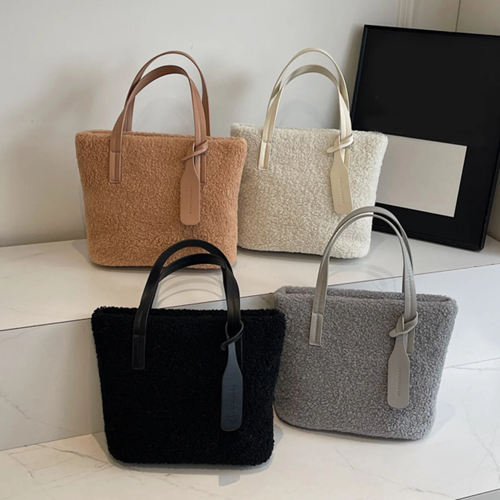 Handtasche aus Lammwolle, einfarbig, Beuteltasche für Damen, Reisen, Einkaufen, täglicher Gebrauch