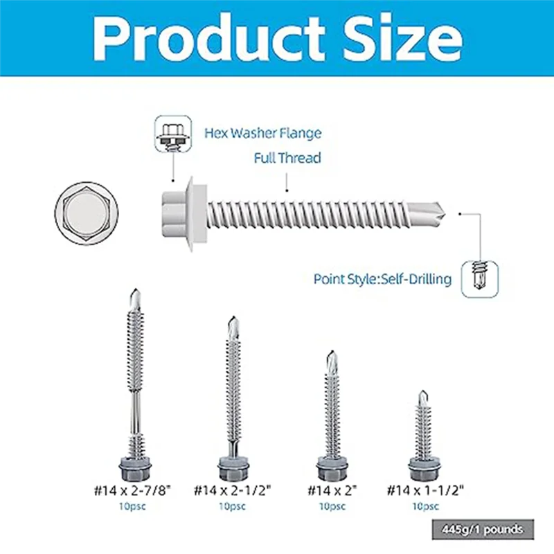 40PCS 14 x 1-1/2 Inch to 2-7/8 Inch Self Drilling Screws for Metal,Stainless Steel Sheet Screws,for Building and Repair