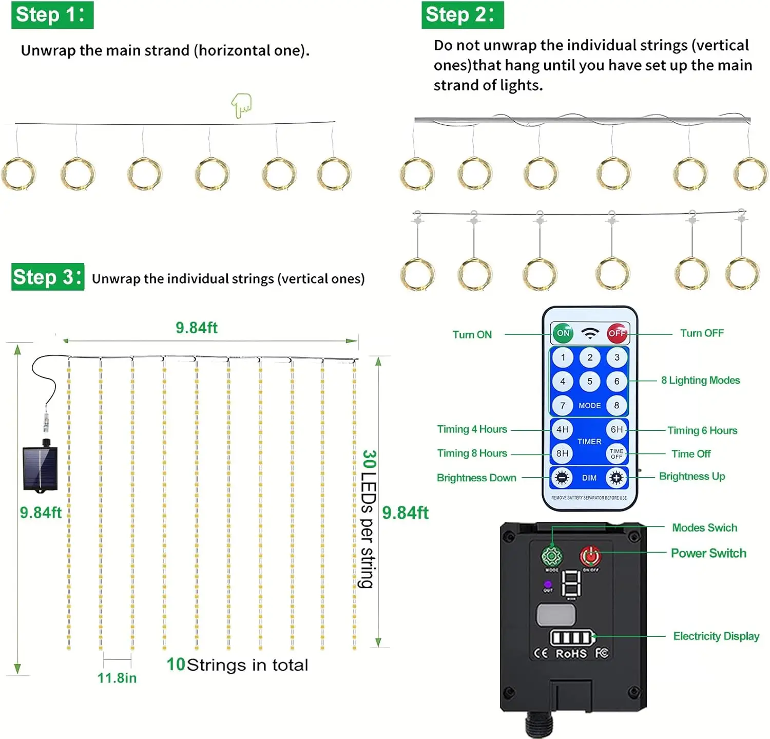 Cortina de luces LED Solar para decoración de pared, luces de alambre de cobre a prueba de agua IP65 para fiesta de Navidad, boda y jardín, 300