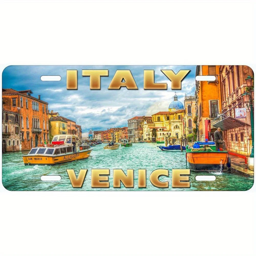Vintage Venice Grand Canal Italy Metal Wall Art License Plate -  Weather-Resistant Aluminum Sign with Pre-Drilled Holes, Classi