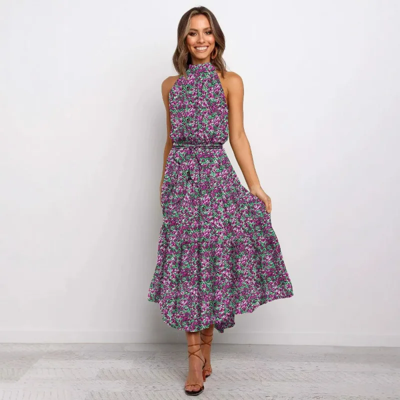 Robe longue d'été pour femme bohème, col rond, sans manches, imprimé à pois, robe moulante à bretelles