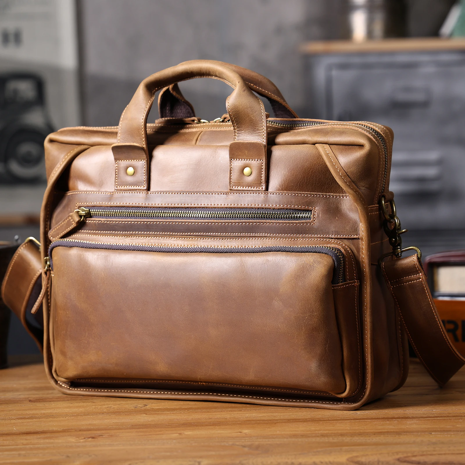 Vintage Echtleder Herren-Aktentasche 14" Laptop-Tasche Crazy Horse Leder Messenger-Handtasche Rindsleder Geschenkidee für Männer – Detail 23