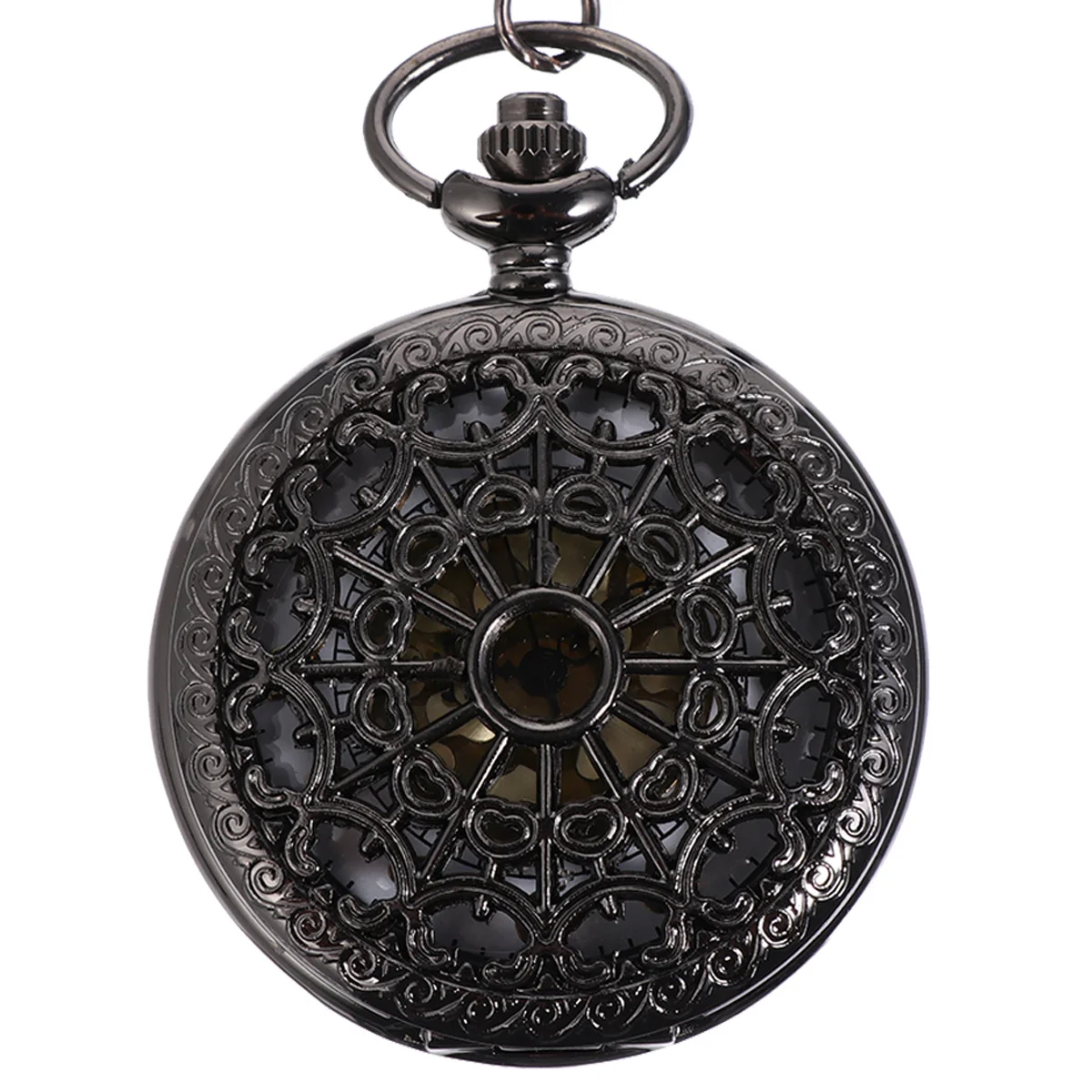 ساعة جيب مجوفة بتصميم عتيق باللون الأسود مع عدسة شفافة وسلسلة رفيعة وساعة كوارتز كلاسيكية هدية للرجال والنساء #3