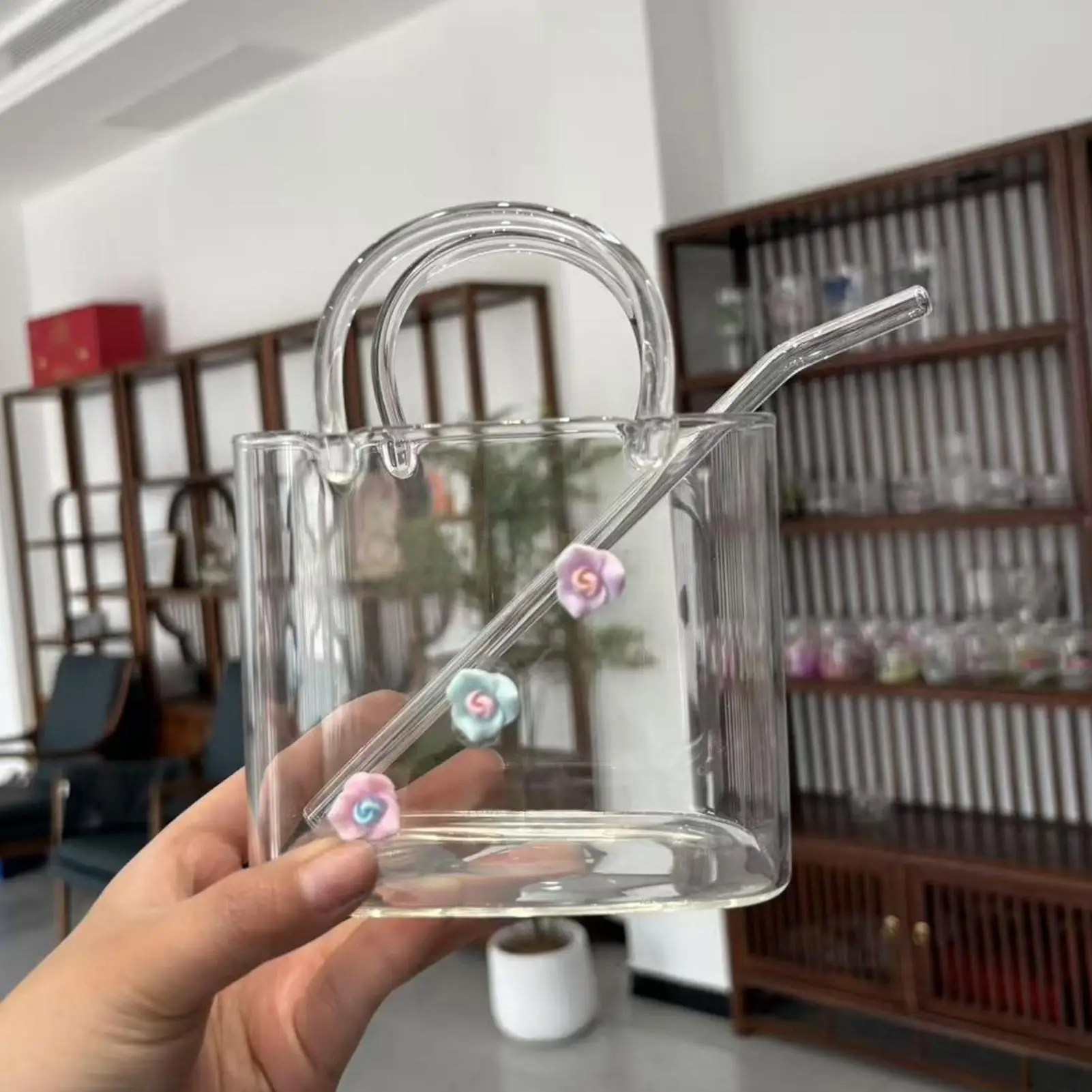 Glass Bag Vase Wide Rim Clear Drinking Mug With Straw Flower Vase Drink Purse Fish Bowl For Home Bar Party Bridal Shower Girls view 4