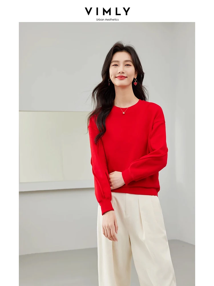 Vimly Red Women Sweatshirts 2024 Spring O-neck Solid Pullovers Casual Loose Long Sleeve Cotton Top for Woman Clothing M6090