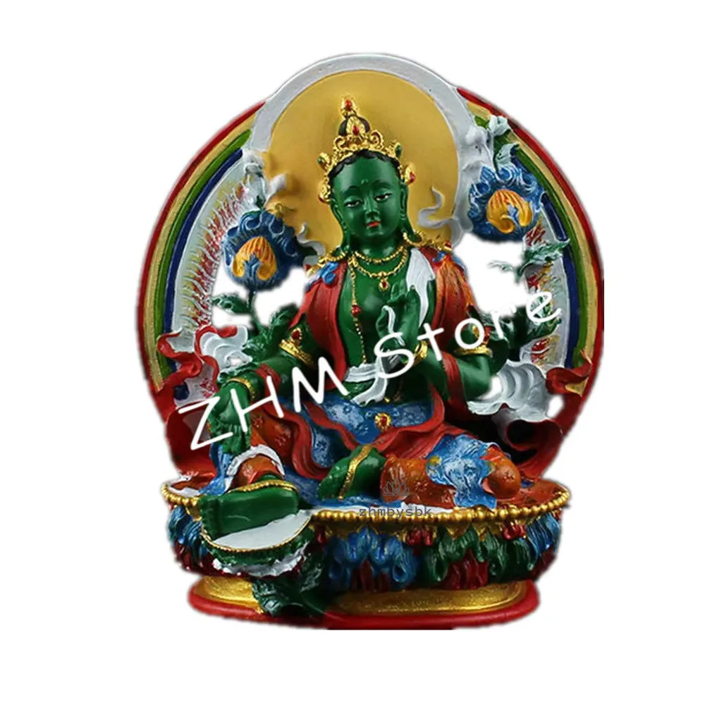 

11.5cm Delicate Resin Hand Plated Buddhist Suppliers Avalokitesvara Bodhisattva Green Tara Tibetan Figure Buddha Statue