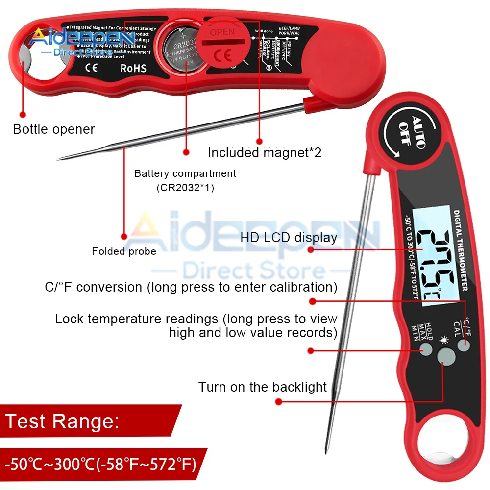 Instant Read Meat Thermometer Best Waterproof Ultra Fast Digital Food Water Milk Thermometer for Outdoor Cooking BBQ and Kitchen