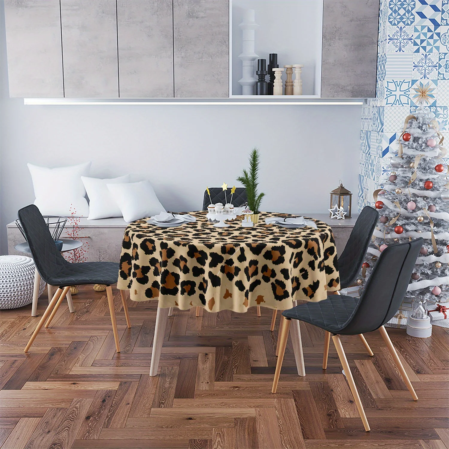 A classic leopard print pattern round table cloth instantly enhances the home fashion index and adds a unique wild atmosphere