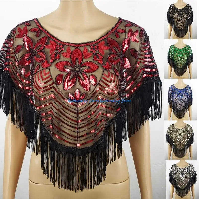 573B Embroidery Sequined Shawl Beaded Fringed Shoulder Covering for Various Occasion