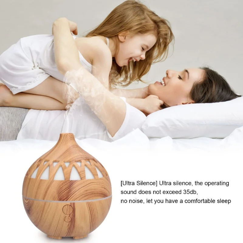 USB Powered Wood Grain Hollow Humidifier 180ml Aroma Air Humidifier With Night Light