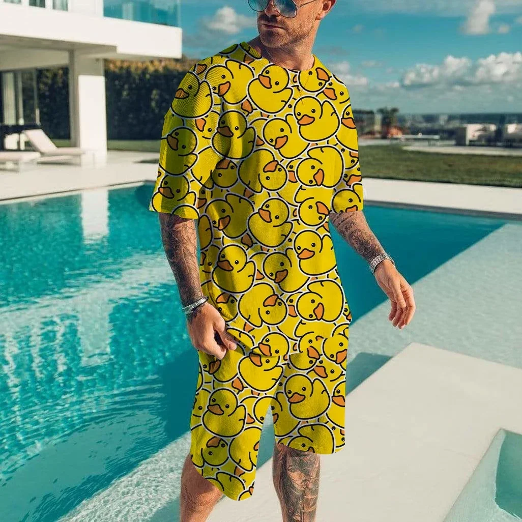 

Men's Casual Summer Set, Cute Cartoon Duck Print, Urban Fashion, Short-sleeved Top and Street Shorts, Casual Set