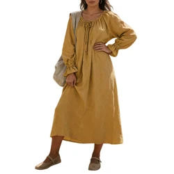 Vintage Cotton Linen Dress For Women Brown Yellow Long Sleeve Linen One-Piece Maxi Dress Coffee