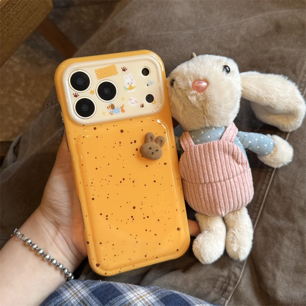 Kawaii Yellow Speckled 3D Fuzzy Bunny Case For iPhone 15 16 17 18 Pro Max Camera Lens Decor Cute Animal Print Shockproof Cover