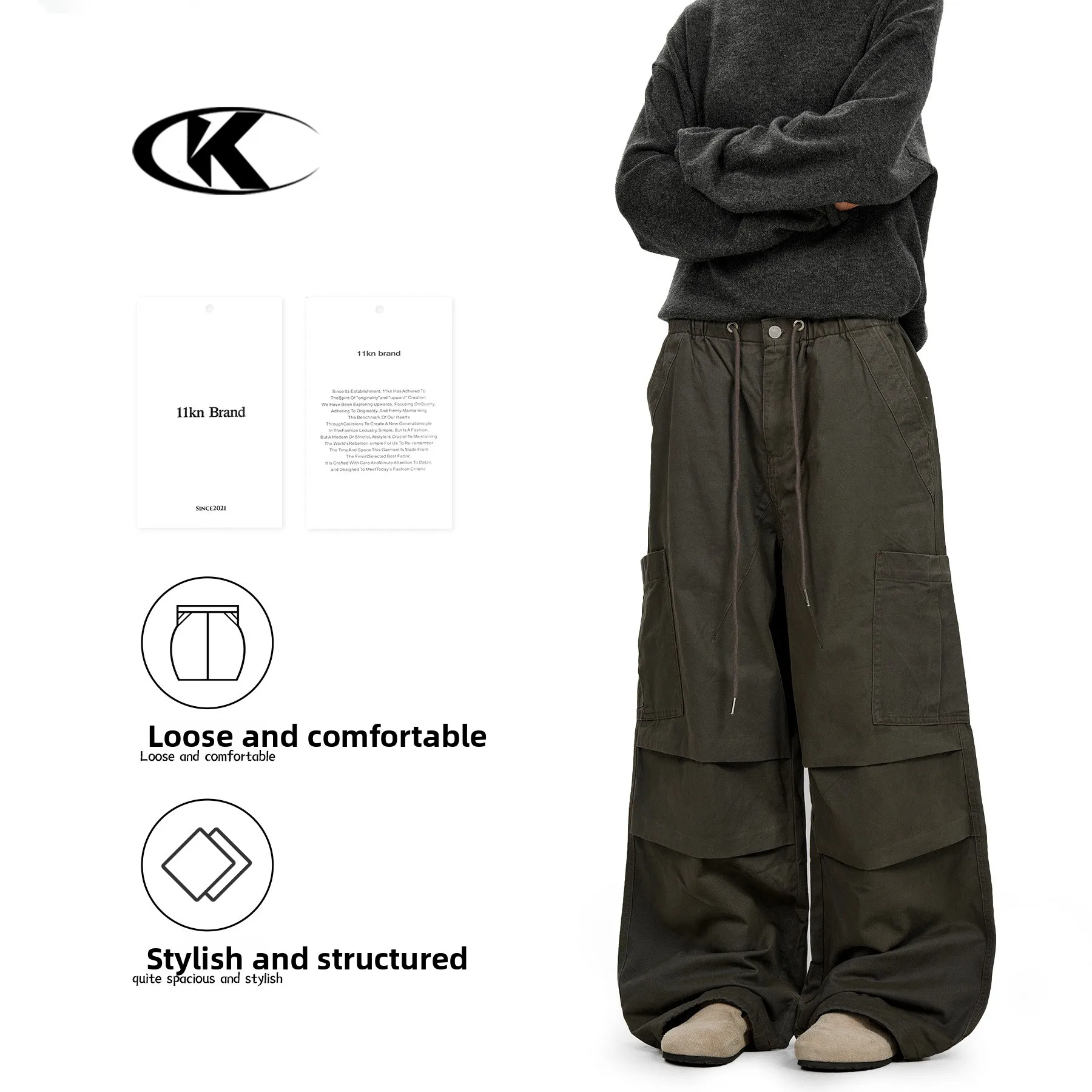 

American Sle Retro Pleated Umbrella Work Pants Men's Women's Dstring Design Sport Straight Loose Wide Leg Casual Pants