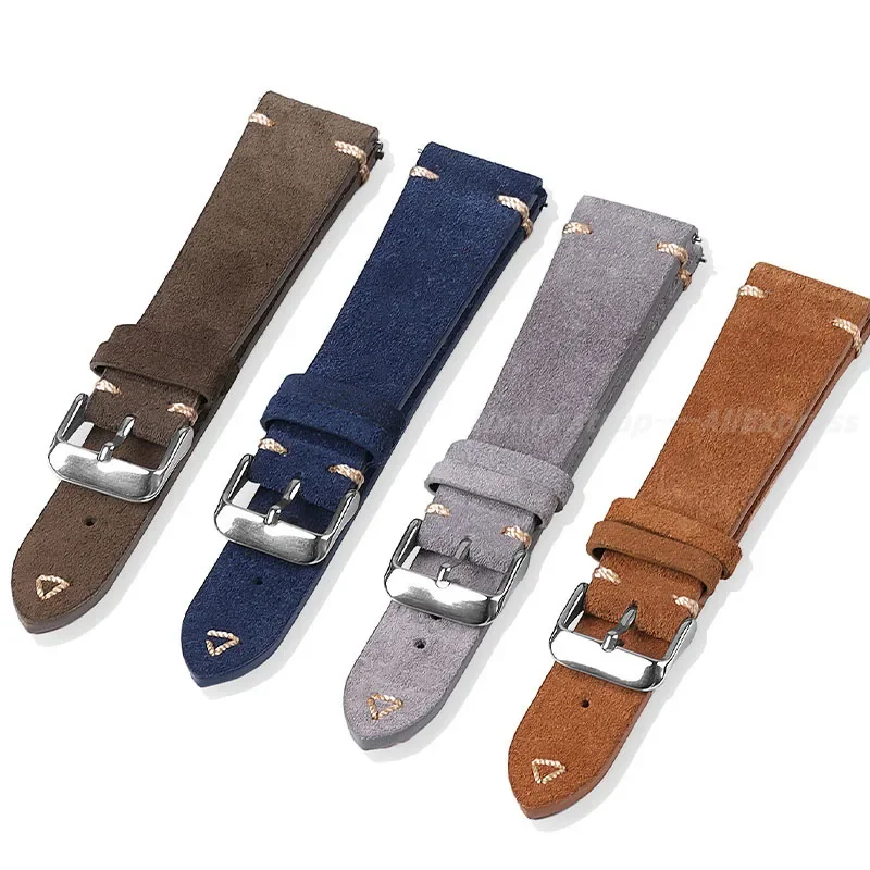 Soft Suede Leather Strap for Seiko for Omega Watch Band Vintage Bracelaet Handmade Stitching Wristband Blue Brown Grey 20mm 22mm