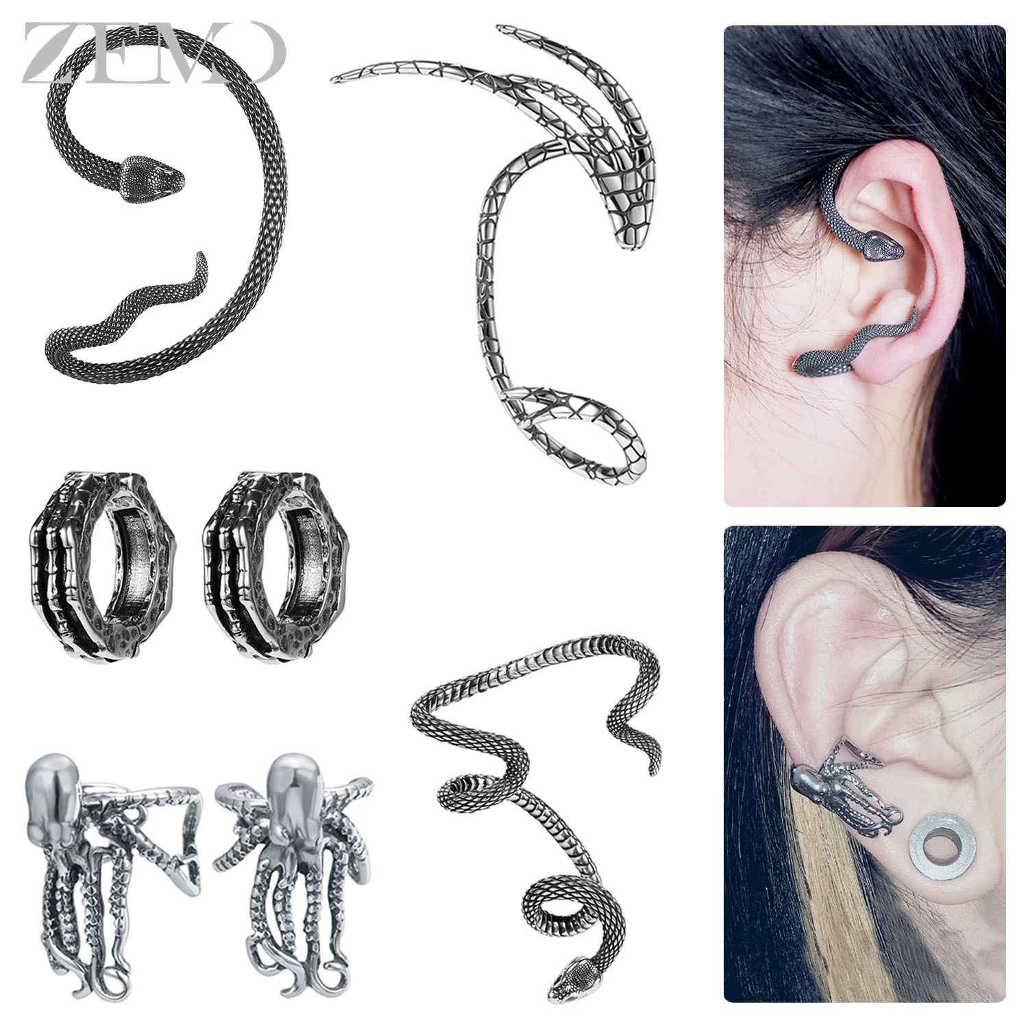 ZEMO 1 PC/1 Pair Punk Stainless Steel Clip-on Earrings Men Women Cool Snake Octopus No-Pierced Faux Fake Tragus Helix Piercings