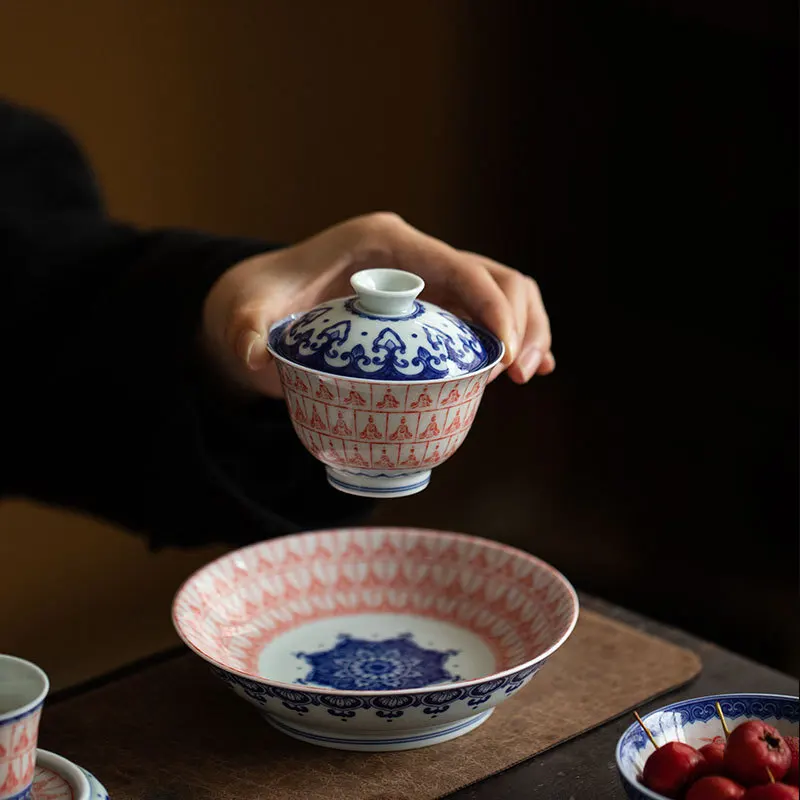 Jingdezhen Ceramic Rubbings Blue And White Porcelain Glaze Red Cover Bowl Tea Set High-end Tea Small Cover Bowl Rock Tea