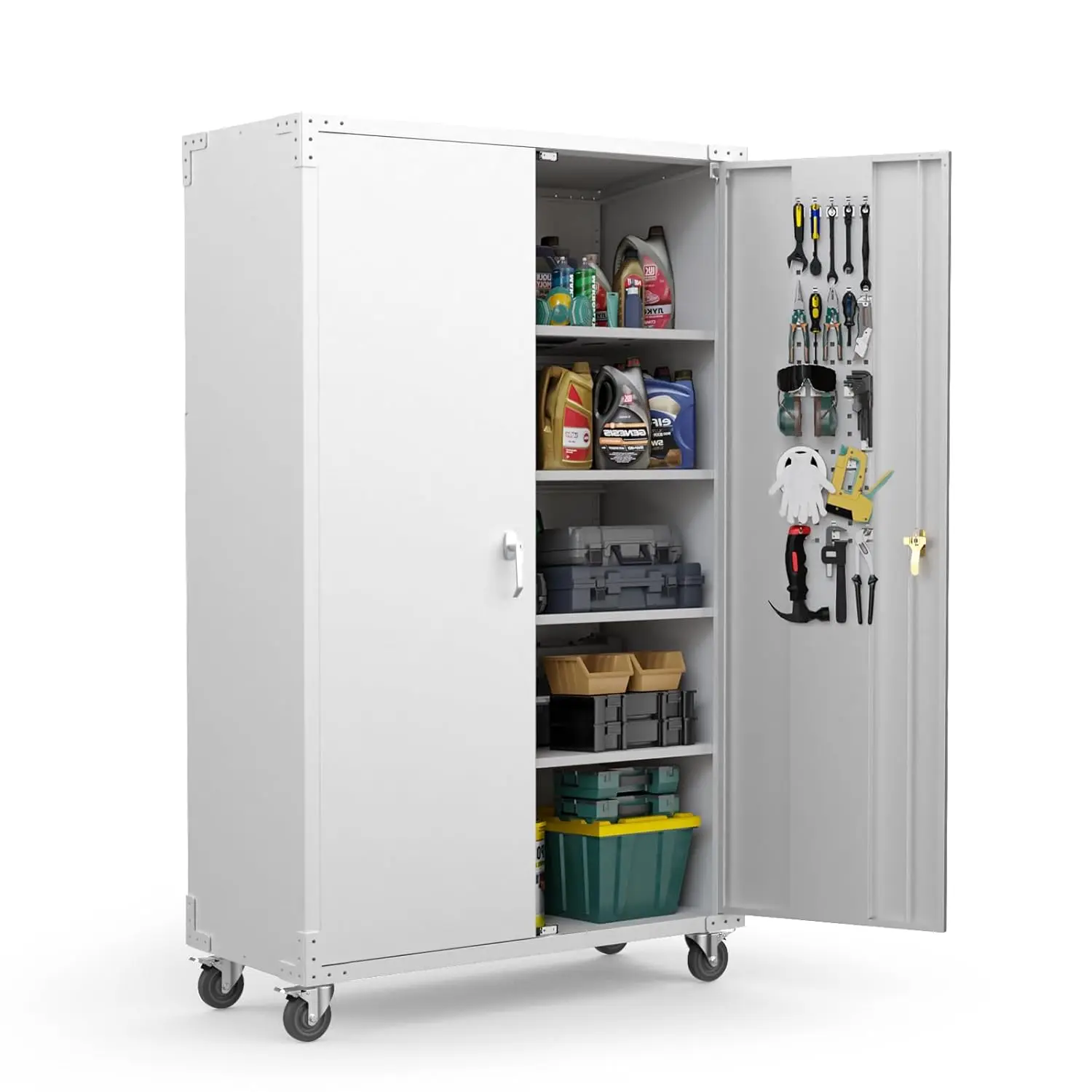 

Upgraded Wide & Deep Garage Storage Cabinet, Metal Storage Cabinet with Pegboards, Wheels, Locking Doors and, Customized