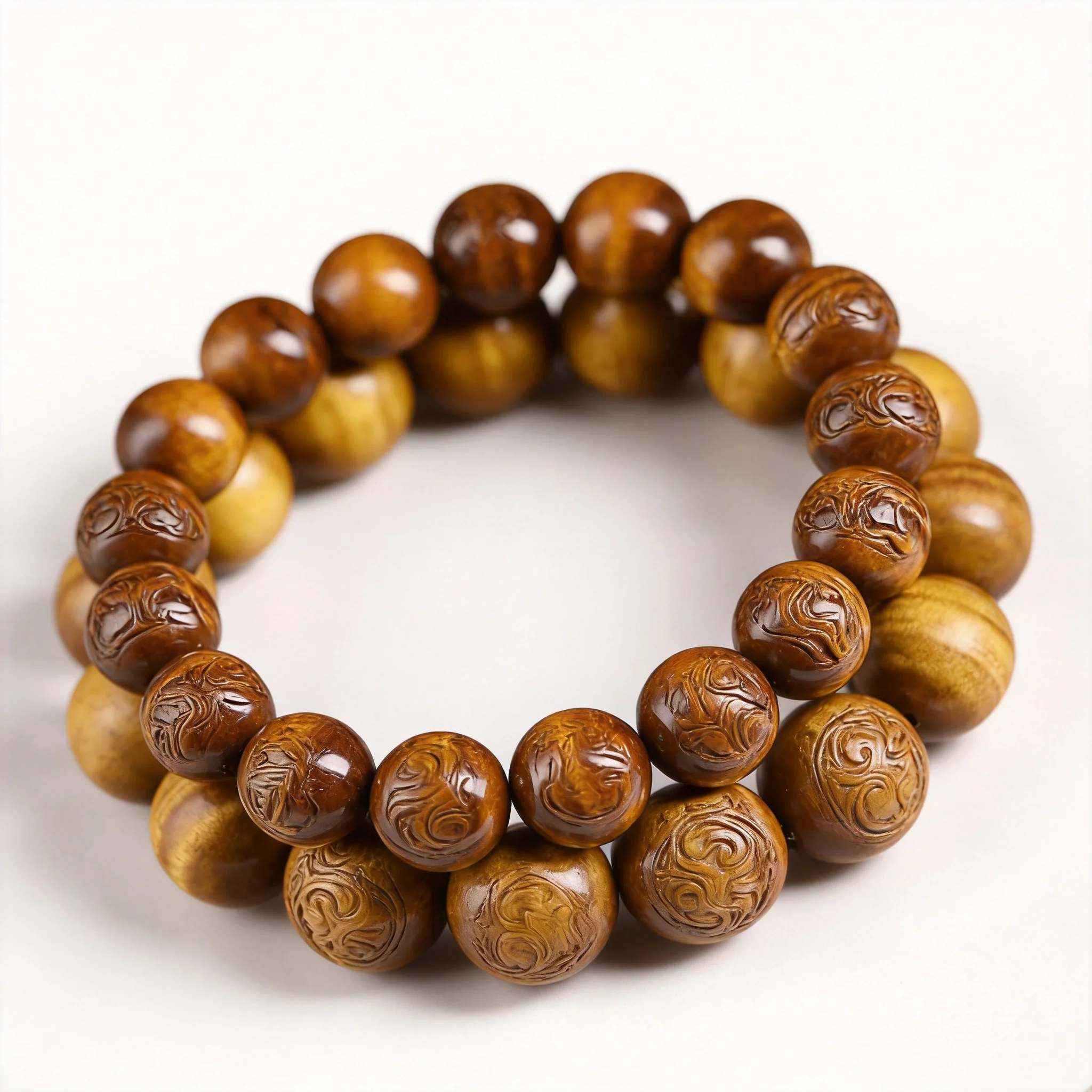 Chinese Style Golden Silk Phoebe Wood Water Ripple Beaded Bracelet Unisex Single Strand Good Luck Blessing Wealth Attracting Pra