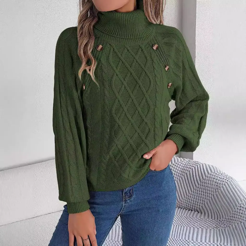 

Women's Casual Pullover Sweater High Collar Lantern Sleeve Solid Color Button Twist Design Autumn Winter Fashion Top