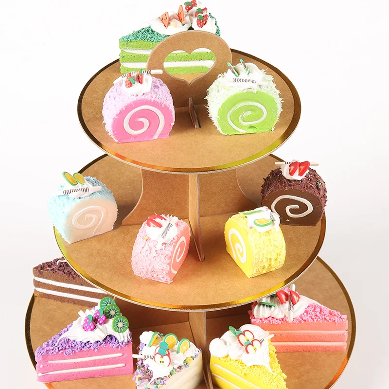 Three layers of vintage kraft paper cake stand Dessert stand Sen khaki birthday cupcake stand decoration