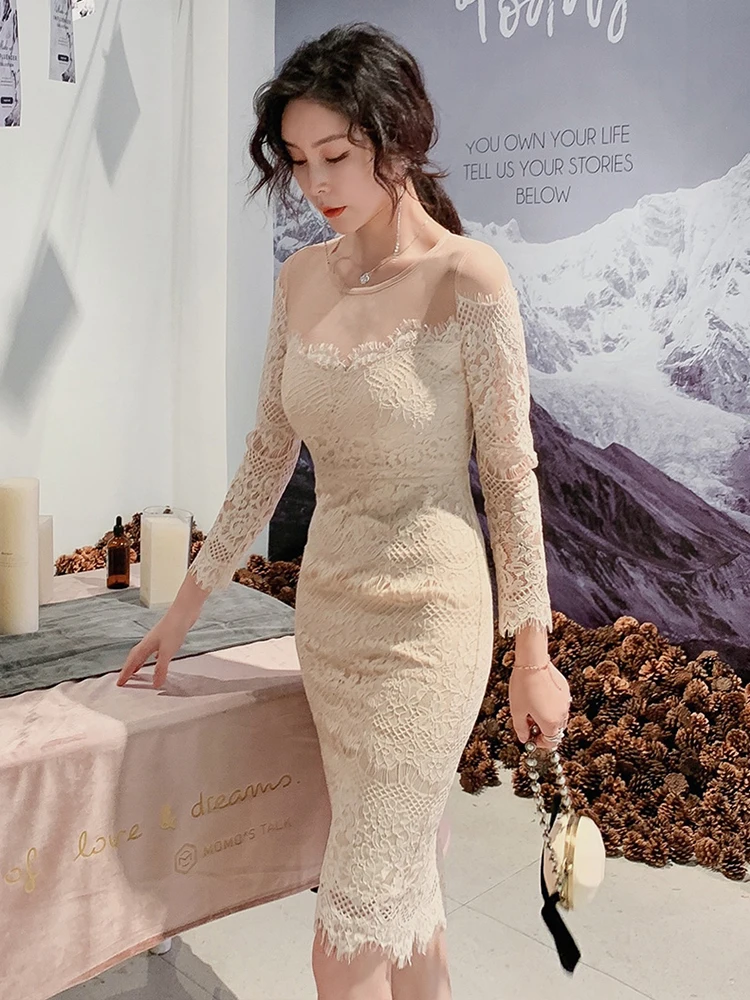 ลูกไม้ Elegant ผู้หญิงชุดราตรีเซ็กซี่ Sheer เย็บปักถักร้อยดอกไม้ O-Neck Skinny Slim Party Club Beach Vestidos Mujer ฤดูใบไม้ผลิฤดูใบไม้ร่วง