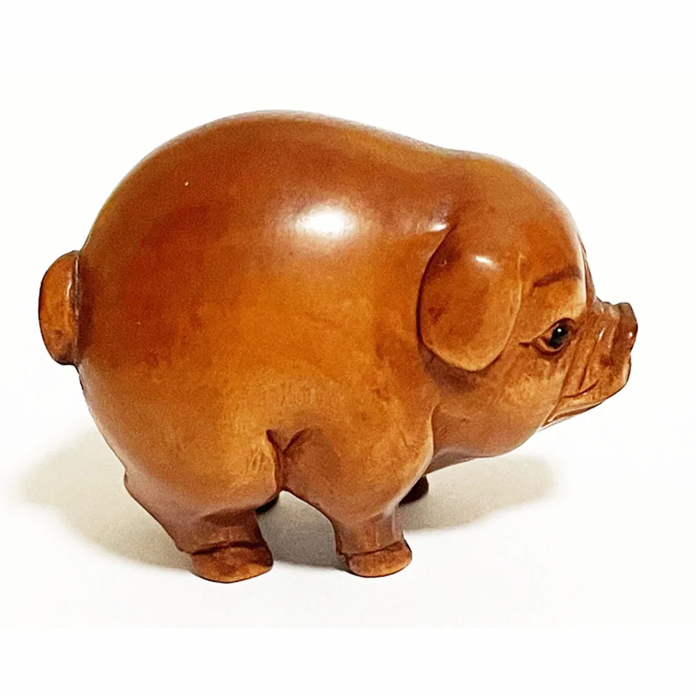 20 YEARS OLD 2 INCH Japanese Boxwood Netsuke Hand Carved Animal Sculpture Miniature - Angry Pig