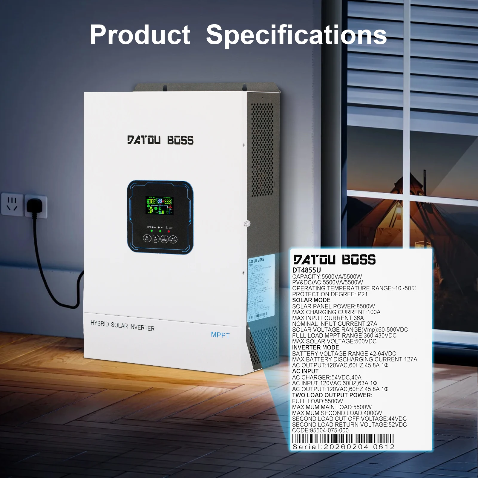 DATOUBOSS 48V 5500W Off-Grid Hybrid Solar Inverter 48V DC 110/120V AC Pure Sine Wave Built-in Charger Controller for U.S. Market Shipment From US Warehouse