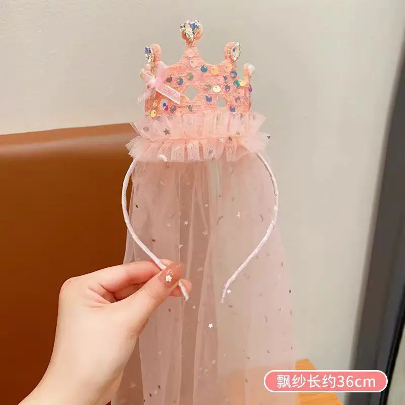 Prinzessinnen-Kronenschleier-Stirnbänder, glitzernde Tüll-Haaraccessoires, rosa-weiße Pailletten-Party-Kopfbedeckung, niedliche Mädchen-Verkleidungs-Stirnbänder, neu – Detail 4