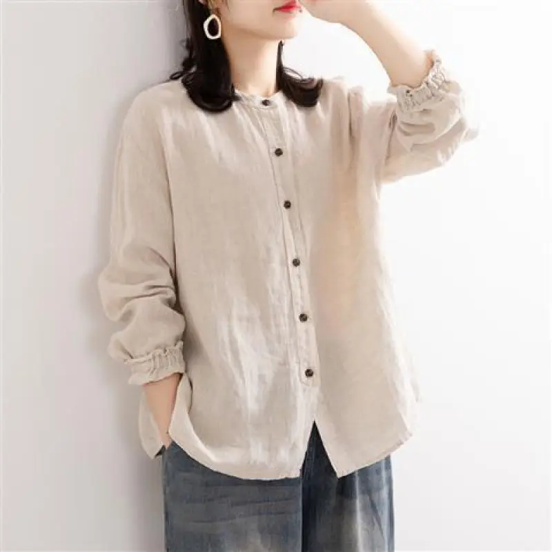 Summer Women's Round Neck Loose Cotton Linen Shirt Casual Top