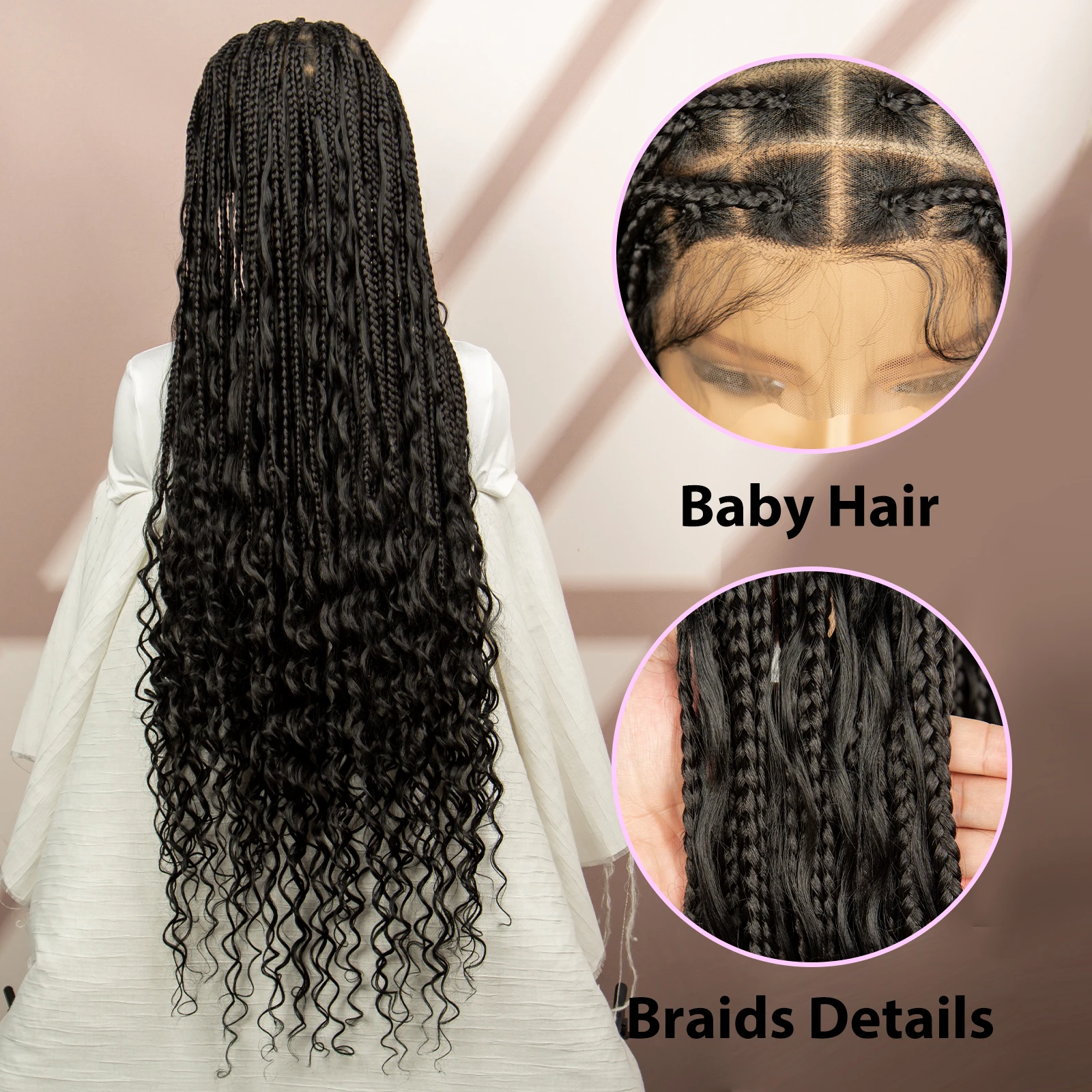 Pelucas trenzadas Bohemias de 38 pulgadas de largo para mujeres negras, pelucas trenzadas con caja sin nudos de encaje completo, cabello de bebé