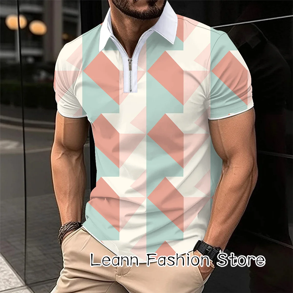 Summer Men Color Block Polo Shirt Male Fashion Trendy Short Sleeve Tops Tees Casual Zipper Lapel Polo T-Shirt Daily Clothing