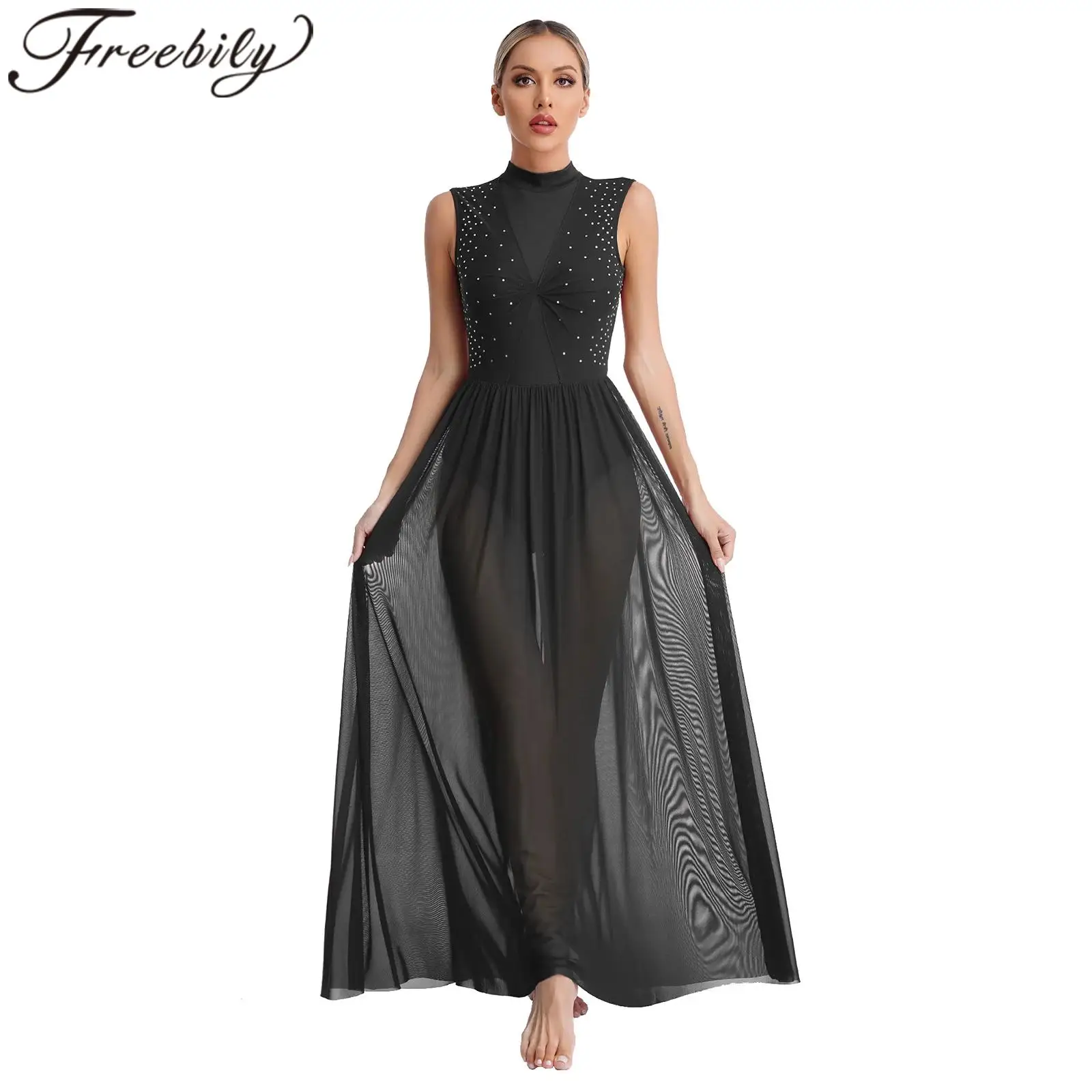 

Womens Ballet Dress Modern Lyrical Dance Costume Gymnastics Skating Leotard Dress Mesh Maxi Dresses Stage Performance Dancewear